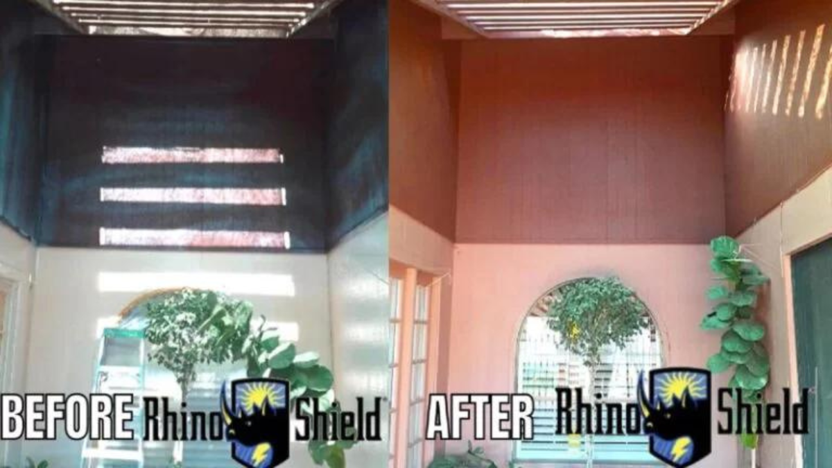 Before And After Of Wall Painted With Rhino Shield Exterior Coating.