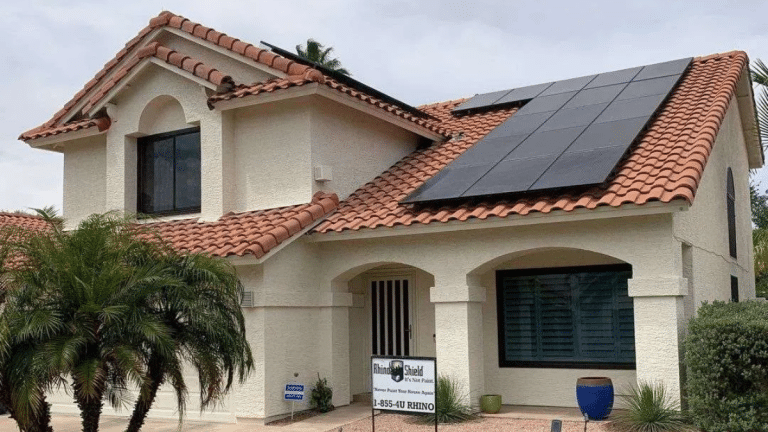 Rhino Shield And Solar Panels: A Perfect Combination For Sustainable Homes Arizona Home With Rhino Shield Exterior Paint Coating And Solar Panels.